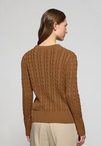 Brązowy sweter w splot kablowy z okrągłym dekoltem, ściągaczami przy mankietach i u dołu, z fakturowanym wzorem biegnącym pionowo wzdłuż pleców.