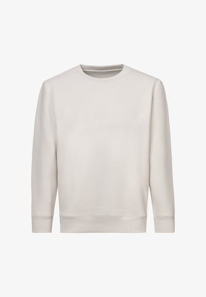 Beiges Sweatshirt mit langen Ärmeln und Rundhalsausschnitt, mit subtiler diagonaler Rippenstruktur, gerippten Bündchen und Saum, auf weißem Hintergrund dargestellt.