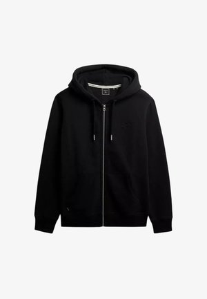 Zwarte hoodie met ritssluiting, trekkoord aan de capuchon, steekzakken aan de voorkant en een subtiel logo op de linkerborst, weergegeven tegen een witte achtergrond.