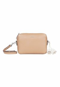 Krémová kožená crossbody taška s obdélníkovým tvarem. Obsahuje odnímatelný popruh a dekorativní bílé květinové detaily. Stříbrný logo detail.
