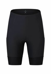 Zwarte fietsshorts met een strakke pasvorm, voorzien van een gevoerde inzetten en elastische boorden. Gemaakt van rekbaar, vochtafvoerend materiaal voor comfort.