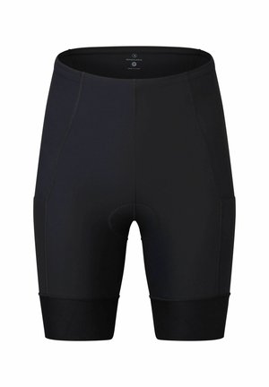 Schwarze Radshorts mit enger Passform, ausgestattet mit einer gepolsterten Einlage und elastischen Bündchen. Hergestellt aus dehnbarem, feuchtigkeitsableitendem Material für Komfort.