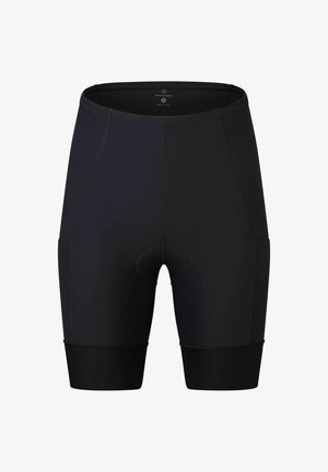 Schwarze Radshorts mit enger Passform, ausgestattet mit einer gepolsterten Einlage und elastischen Bündchen. Hergestellt aus dehnbarem, feuchtigkeitsableitendem Material für Komfort.