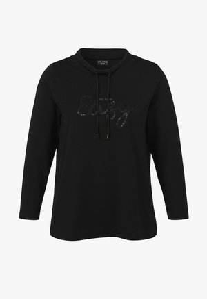 Schwarzes Langarmshirt mit Kordelzug am Kragen und dezent glänzendem Schriftzug "life feels Easy" auf der Brust.
