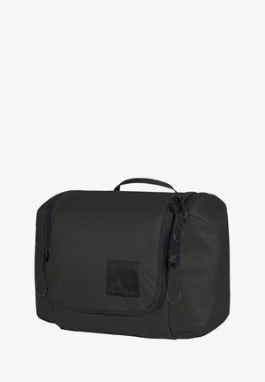 Schwarze Reisetasche mit rechteckiger Form, Reißverschlussfächern und einem oberen Tragegriff. Verfügt über ein Logo-Label auf der Vorderseite.