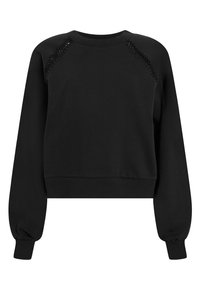 Czarna krótka bluza z długimi rękawami, z teksturowanym wzorem na ramionach oraz ściągaczami na mankietach i dole. Miękka tkanina.