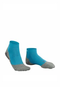 Calzini sportivi blu e grigi con parte superiore testurizzata, tallone rinforzato e design alla caviglia con dettagli in rosso.