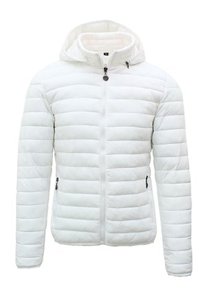 Giacca a vento trapuntata bianca con cappuccio, cerniera frontale, due tasche laterali con cerniera e etichetta di dimensioni medie.
