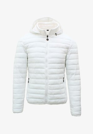 Giacca a vento trapuntata bianca con cappuccio, cerniera frontale, due tasche laterali con cerniera e etichetta di dimensioni medie.