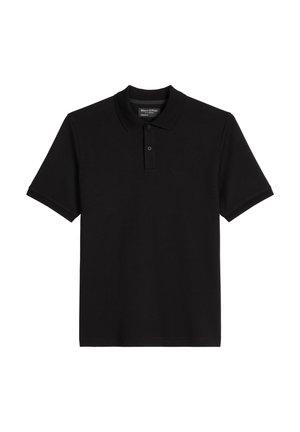 Polo noir à manches courtes avec deux boutons, col et logo de marque discret sur la poitrine.
