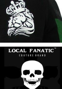 Zwarte stof met een witte leeuw met een kroon en een schedelafbeelding met daarboven de tekst "LOCAL FANATIC COUTURE BRAND".