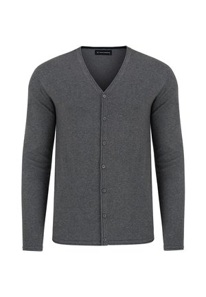 Szary kardigan z dekoltem w serek, długimi rękawami i zapięciem na guziki. Wykonany z miękkiego materiału o gładkiej fakturze i subtelnymi detalami.