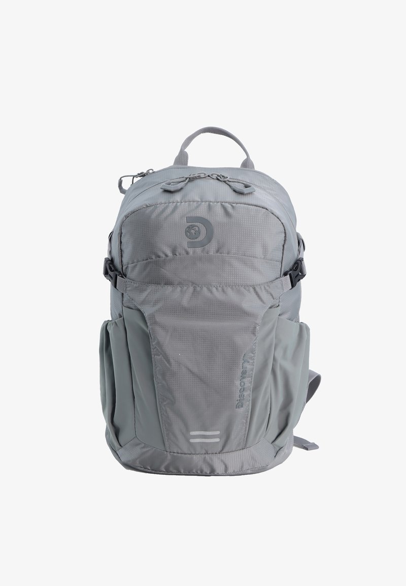 Gray backpack made of durable nylon, featuring multiple compartments, adjustable straps, a handle, and a logo on the front.
