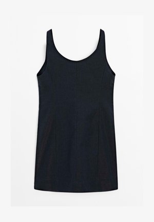 Abito nero senza maniche con scollo arrotondato, sagoma aderente e tessuto liscio. I dettagli di cucitura lungo i lati valorizzano il design.