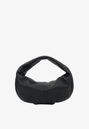 Zwarte leren tas met een zachte, gestructureerde oppervlakte, gebogen handvat en afgeronde vorm. Heeft een naadloos ontwerp zonder zichtbare hardware.