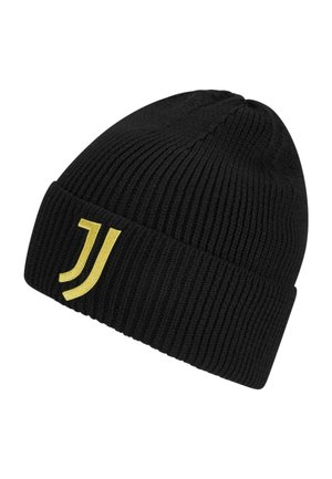 Cappello a coste nero in maglia con risvolto che presenta un logo giallo doppia J sul lato anteriore sinistro.