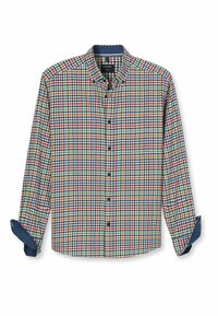 Karierte Langarmbluse in mehrfarbigen Mustern mit einem Button-Down-Kragen und kontrastierenden marineblauen Manschetten. Baumwollmischgewebe.