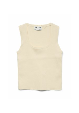 Krems krāsas īsu piedurkņu ribota augšdaļa ar noapaļotu kakla izgriezumu un taisnu apakšmali. Izgriezumā ir atzīme "AWARE".