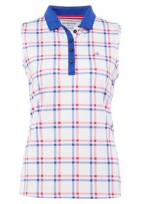Ärmlös golfpolo i vitt, med blå krage och rutigt mönster i röd/blått. Femknapplås med logotyp på vänster sida.