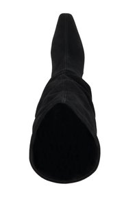 Black suede knee-high boots with a pointed toe and slouchy shaft. The interior is lined with a soft texture, featuring subtle stitching details.