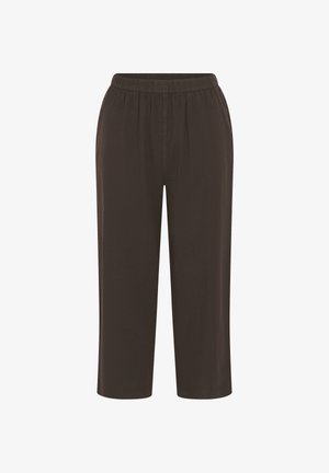 Bruine broek met losse pasvorm, elastische tailleband en zijzakken, cropped lengte, gemaakt van lichtgewicht stof.