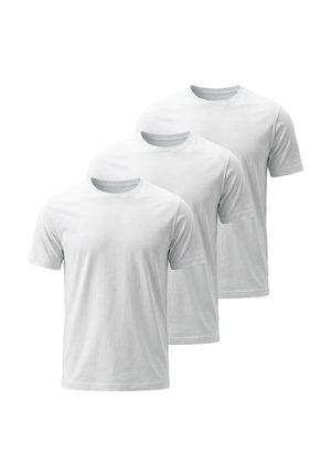 Drei schlichte weiße T-Shirts mit kurzen Ärmeln und Rundhalsausschnitt, die überlappend auf einem weißen Hintergrund dargestellt sind.