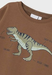 T-shirt en coton marron avec un graphisme de dinosaure comportant des rayures vertes et noires, étiqueté avec des détails de longueur et de poids. Encolure ronde, manches courtes.