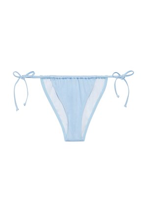 Lichtblauwe bikini-broek met strikjes aan de zijkanten, voorzien van een zachte, matte textuur en een contrasterende witte voering.