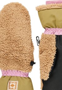 Par de manoplas de invierno con forro de lana marrón, tejido verde oliva, muñequeras elásticas rosas y material de agarre texturizado negro en la palma.