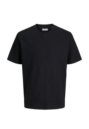 Sort kortærmet ribstrikket T-shirt med rund hals, almindelig pasform, med synligt Jack & Jones-mærke indeni kraven.