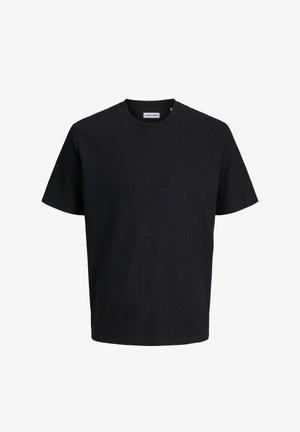 Fekete rövid ujjú bordázott, kerek nyakú póló, normál szabású, a gallér belsejében jól látható Jack & Jones címkével.