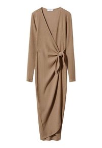Abito avvolgente a maniche lunghe in tessuto a coste color beige. Presenta un dettaglio con cintura da annodare in vita e una silhouette drappeggiata.