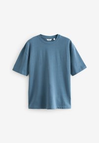 T-Shirt din bumbac de culoare albastră, cu mâneci scurte, decolteu rotund, croială lejera, marcaj minimal în interiorul gâtului, textură netedă fără modele.