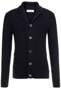 Mörk marinblå stickad cardigan med sjalkrage, fem bruna knappar, två framfickor och ribbade muddar och nederkant.