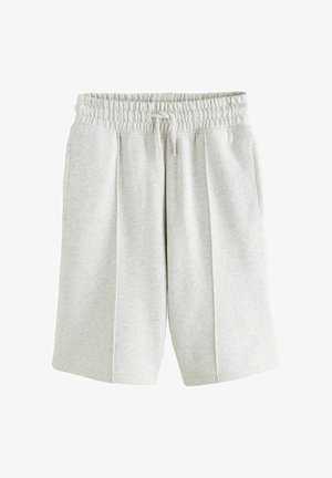 Shorts gris clair jusqu'au genou avec taille élastique et cordon de serrage, dotés de poches latérales et d'une coupe décontractée.