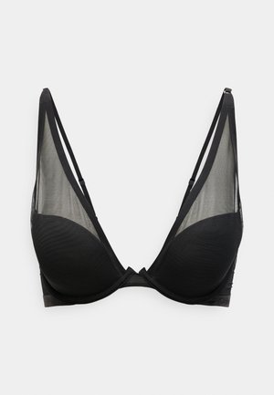 Črn modrček z prozornim mrežastim dizajnom, globokim izrezom in nastavljivimi naramnicami. Gladko blago z diskretnim teksturiranim vzorcem.