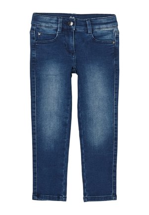 Jeans skinny per bambini di colore blu scuro con tasche frontali, passanti per cintura e dettagli scoloriti su cosce e ginocchia.