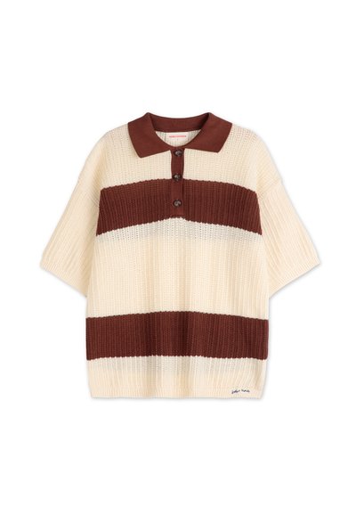 Polo shirt met korte mouwen, voorzien van afwisselende crèmekleurige en bordeauxrode strepen, gestructureerde brei, knoopsluiting bij de kraag en een klein merkembleem aan de onderrand.