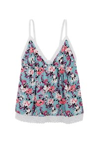 Camisole florale avec fond teal, ornée de fleurs roses et blanches. Détail en dentelle au niveau de l'encolure et de l'ourlet. Bretelles fines ajustables.