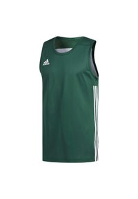 Grünes ärmelloses Sporttanktop mit Rundhalsausschnitt, aus atmungsaktivem Material, mit weißen Adidas-Streifen an den Seiten und Logo auf der Brust.