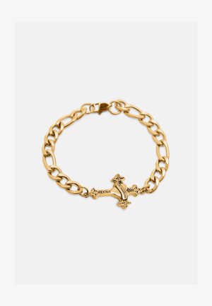 Złota bransoletka łańcuszkowa z ozdobnym krzyżykiem grawerowanym napisem "Los Angeles", z zapięciem karabińczykowym na białym tle.