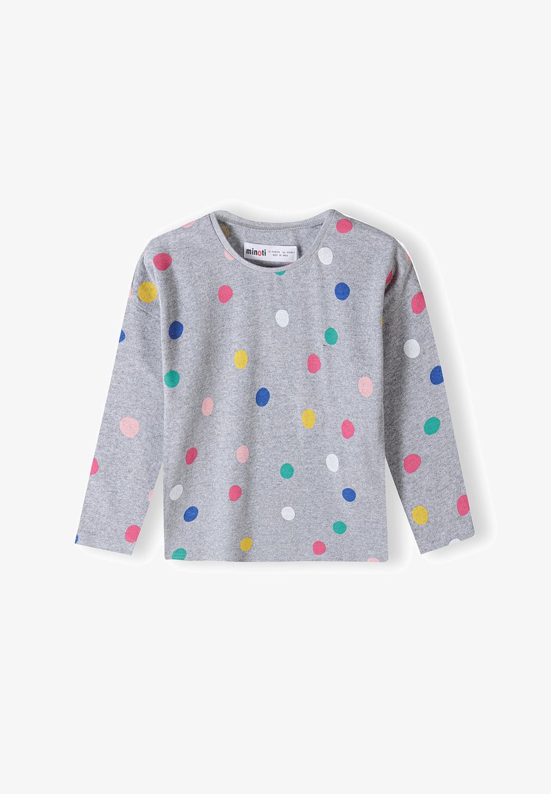 Szürke, hosszú ujjú pamut póló, több színben pompázó pöttyökkel rózsaszín, kék, sárga, zöld és fehér színekben. Kerek nyakkivágás.