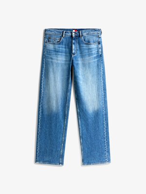 Jean en denim bleu à jambe droite avec des détails décolorés, poches avant, passants de ceinture et fermeture à bouton, posés à plat sur un fond blanc.