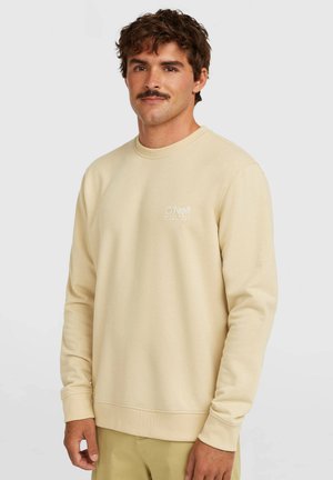 Beżowa bluza z długimi rękawami i prążkowanymi mankietami, z białym logo na piersi. Wykonana z miękkiego materiału o gładkiej fakturze.