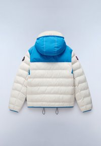 Puffjacka med blå huva och övre del, vit nedre del. Har quiltad textur och justerbara snoddar i nederkanten.