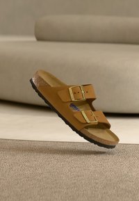 Καφέ σαμουά σανδάλι με δύο χρυσές αγκράφες και σόλα από φελλό, τοποθετημένο στον αέρα πάνω από μπεζ χαλί, με φόντο ουδέτερο καναπέ.