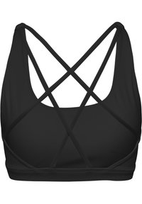 Svart sport-bh med ett korsande banddesign på ryggen. Tillverkad av elastiskt material med en slät yta och enkel sömnad.