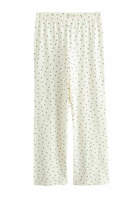 Lys cremefarvede pyjamasbukser med en blød tekstur, der har et sort prikket mønster og en elastisk talje for en behagelig pasform.