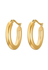 Boucles d'oreilles en forme de créoles dorées avec une surface lisse et poli et un fermoir sécurisé. Forme arrondie avec une largeur uniforme sur toute la longueur.