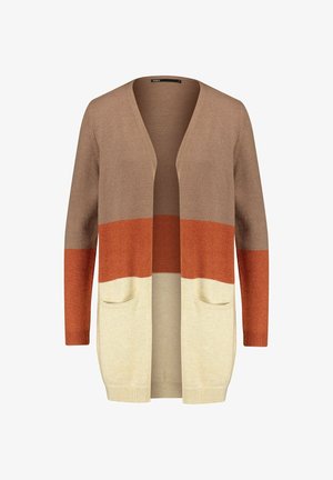 Sweter kardigan z dzianiny z wzorem bloków kolorów w odcieniach brązu, rdzy i kremu, z otwartym przodem, długimi rękawami i dwoma przednimi kieszeniami.